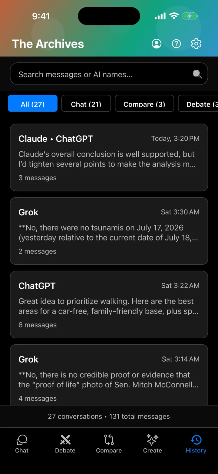 Symposium AI history screen listing saved conversations