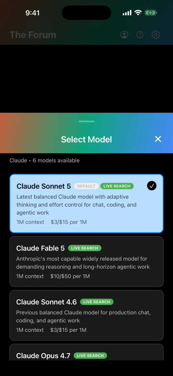 Symposium AI model picker showing Claude models with context size and pricing