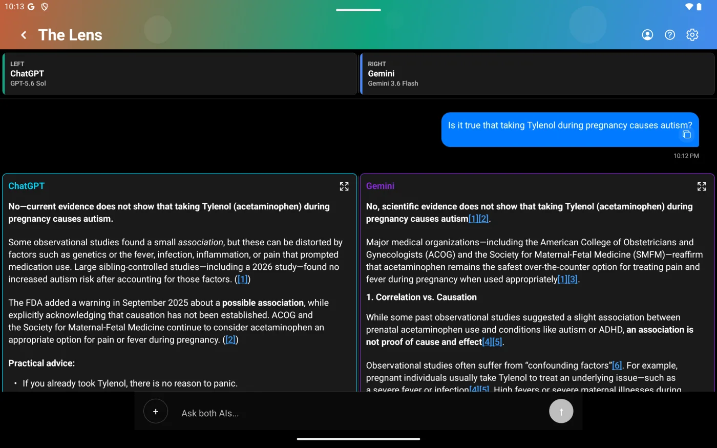 Symposium AI compare mode on a tablet, with ChatGPT and Gemini answering side by side